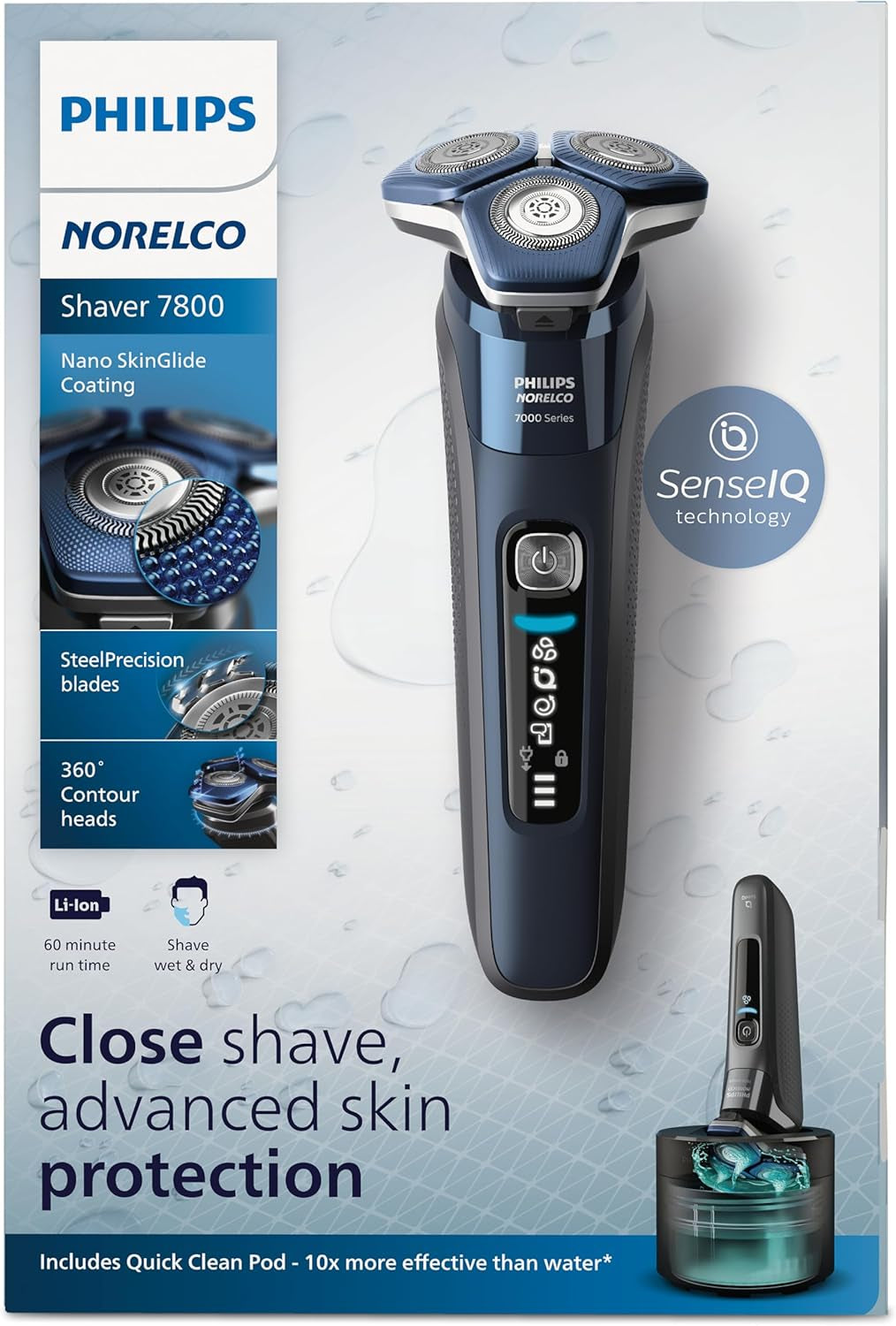 Shaver 7800, Rechargeable Wet & Dry Electric Shaver with Senseiq Technology, Quick Clean Pod, Charging Stand, Travel Case and Pop-Up Trimmer, S7885/85