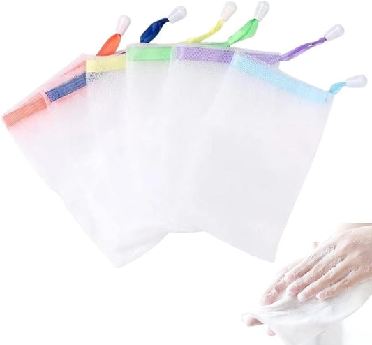 6 PCS Exfoliating Mesh Soap Saver Pouch Bag Sack, Face Cleansing Foaming Nets, White Pouch with Drawstring (Color Random)