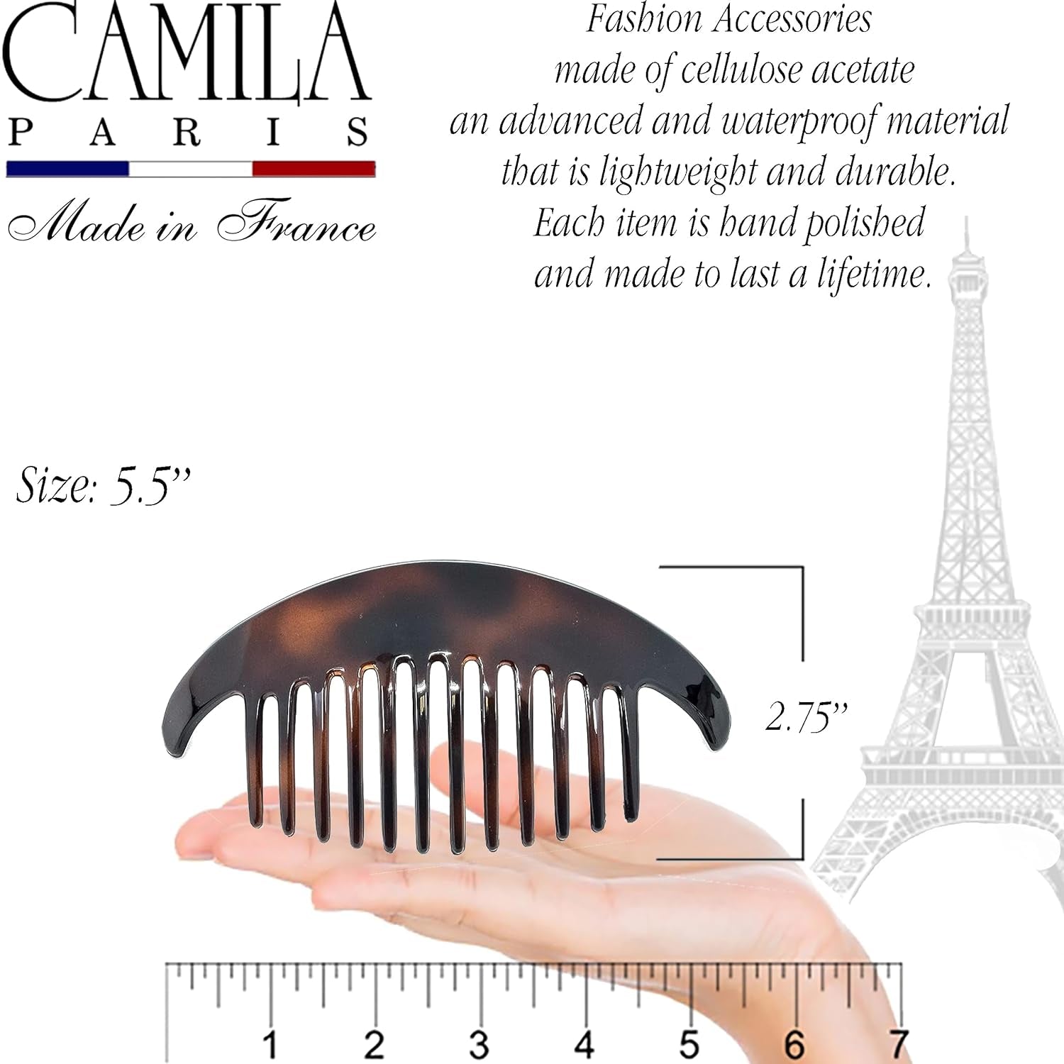 Paris CP2430/2 French Hair Side Combs Tortoise Shell Interlocking Combs French Twist Hair Combs, Strong Hold Hair Clips for Women Bun Chignon Up-Do Styling Girls Hair Accessories Made in France