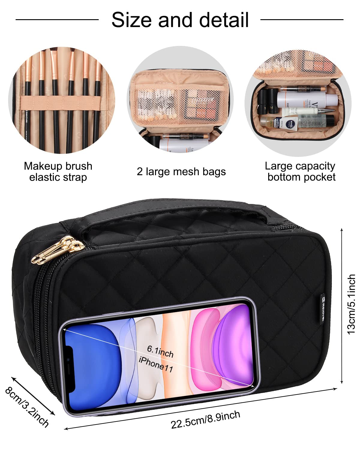 Makeup Bag, Small Makeup Bag for Women, Travel Cosmetic Bag, 2 Layers Waterproof Makeup Organizer Storage with Makeup Brush Holder, Black