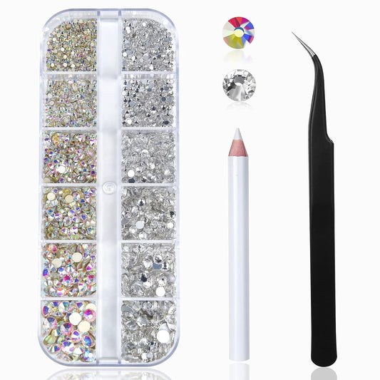 Nail Art Rhinestones Kit  2400Pcs Nail Gems Ab Flatback Rhinestones Gems Stones, with Storage Organizer Box/Wax Pencil/Tweezers 6 Sizes (1.5-4.5 Mm) for Nail Art Craft (2400Pcs)