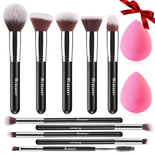 Makeup Brushes Set, Professional Foundation Eyeshadow Concealer Blush Powder Bronzer Applicator, 2 Blender Sponge with Beauty Paper Case, Valentines Day Gifts for Her