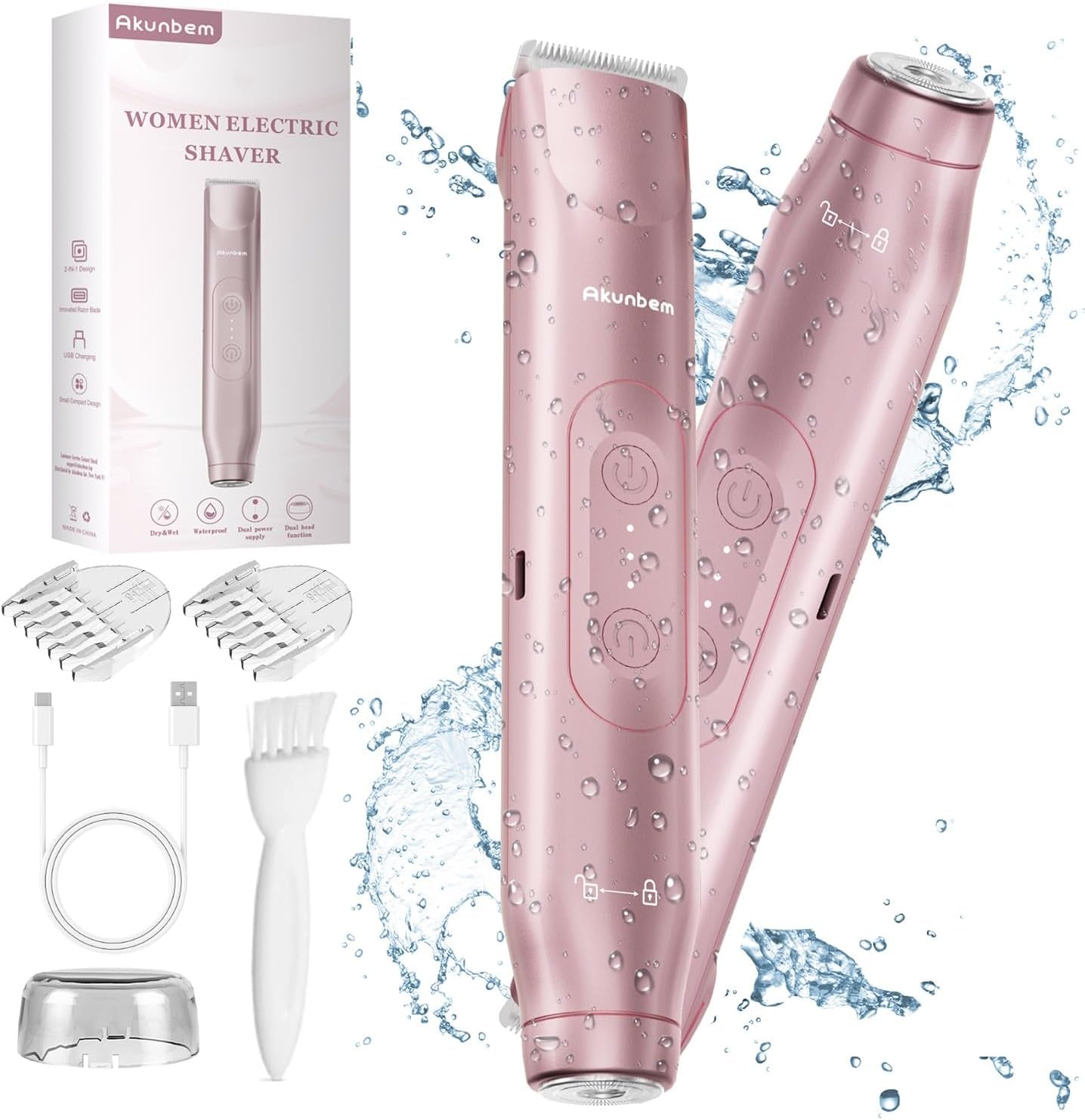 2 in 1 Women Electric Shaver Dual Head Bikini Trimmer for Women IPX7 Waterproof Wet & Dry Use Body Hair Trimmer and Facial Hair Remover for Bikini Underarm Leg Arm Body Face, Pink