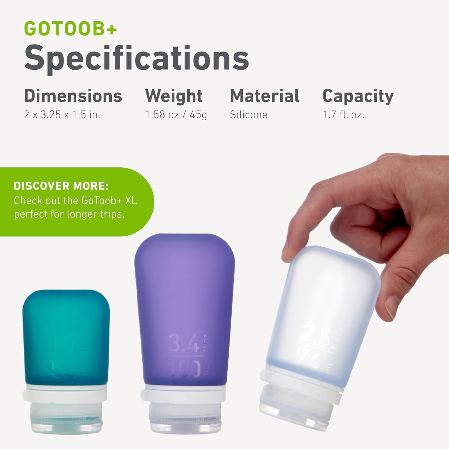 Gotoob+ 3-Pack (Small) | Refillable Silicone Travel Bottle | Locking Lid | Food-Safe Material, Clear/Green/Blue, Small (1.7 Fl.Oz; 53Ml)