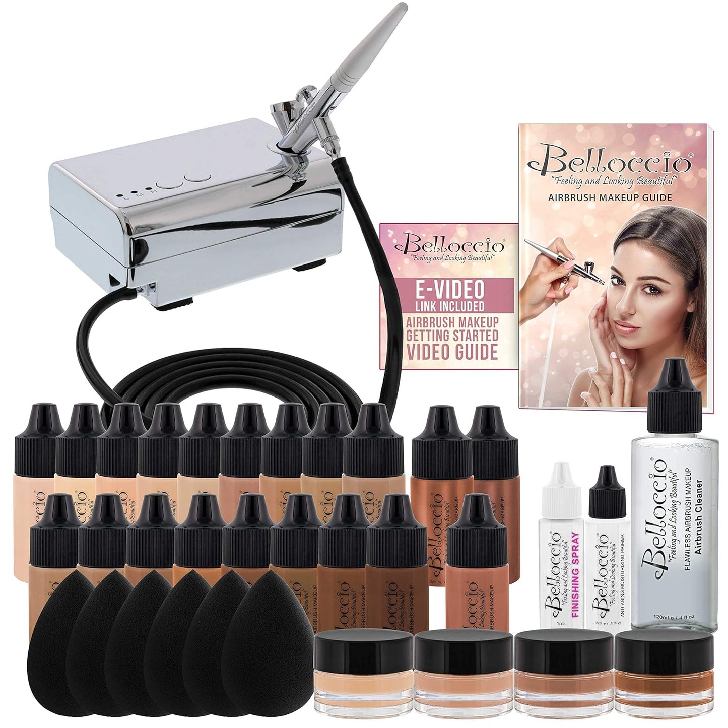 Professional Beauty Airbrush Cosmetic Makeup System with 4 Medium Shades of Foundation in 1/4 Ounce Bottles - Kit Includes Blush, Bronzer and Highlighters