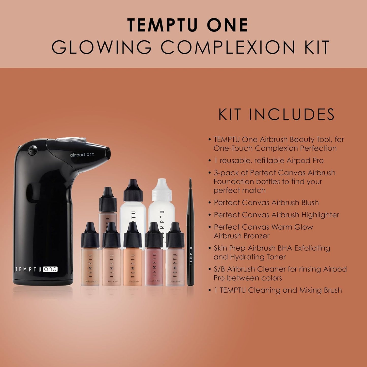 One Airbrush Make-Up Kit with Cordless Compressor, 6 Shades: 11-Piece Set, Portable Air Brush Machine & Airpod Pro, 3 Shades of Foundation, Blush, Bronzer, Instant Concealer, Perfect Complexion