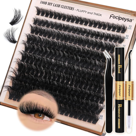 Fluffy Eyelash Extension Kit Volume Lash Clusters Kit 10-18Mm Individual Lashes Clusters 100D DIY Lash Extension Kit 200Pcs Clusters Lash with Bond and Remover Lash Applicator by