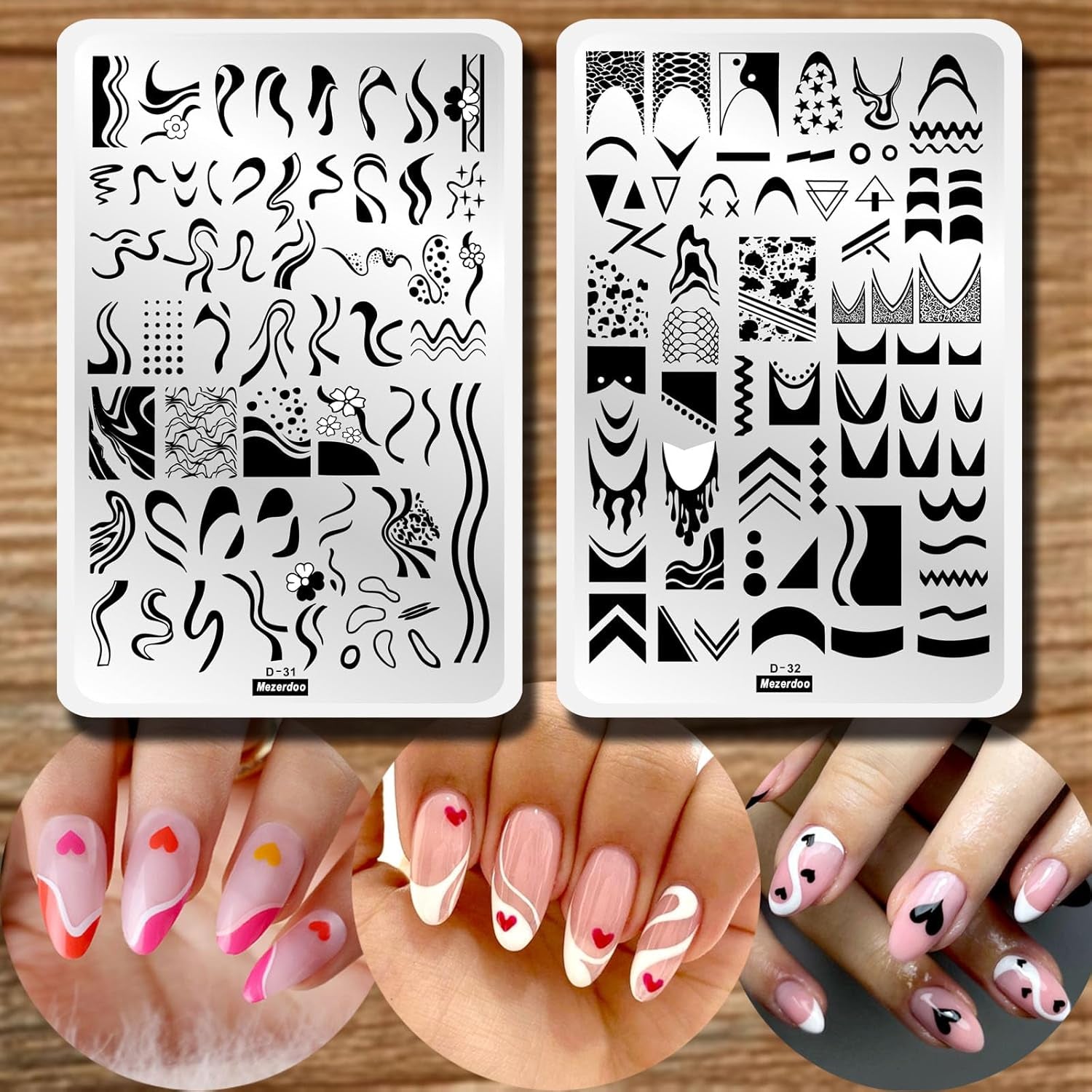 Swirl French Line Nail Stamping Plates Tip Stamp Plate Geometric Wave Stripes Snake Flower Art Stencils Printing Template 2Pcs Large Stainless Steel Tools 14.5×9.5Cm