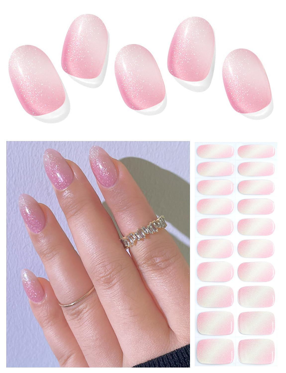 Semi Cured Gel Nail Strips, 20Pcs French Gradient Gel Nail Stickers Work with UV, Easy to Use and Remove