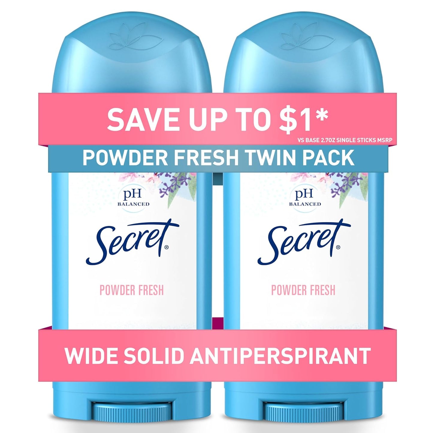 Antiperspirant and Deodorant for Women, 24Hr Sweat & Odor Protection, PH Balanced Protection, Gentle on Skin, Wide Solid, Powder Fresh Scent, 2.7 Oz (Pack of 2)