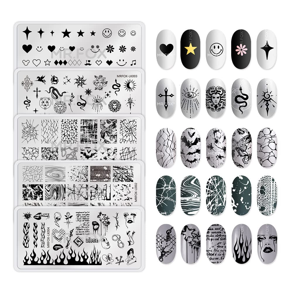 MRFOX 5 Pcs Nail Plates Stamping Set Marbled Punk Spider Web Heart Star Theme Leaf Nail Art DIY Stamping Template