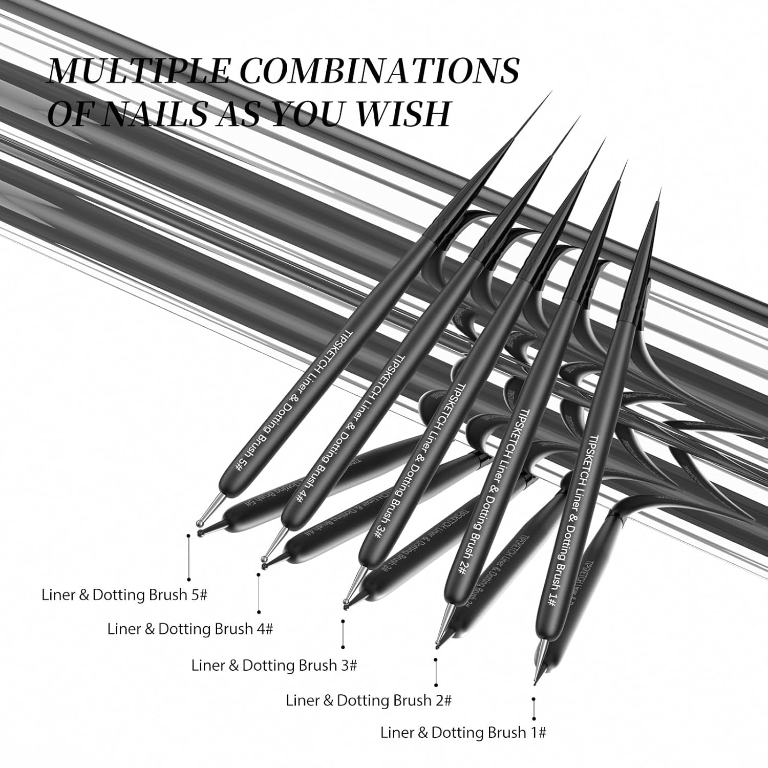 Nail Art Liner Brushes 5Pcs Dotting Pen Tools Nail Art Brushes Thin Liner Set(4/8/12/15/20 Mm) for Long Lines, Thin Details Gel Polish Nail Paintings Double-End Nail Art Tools