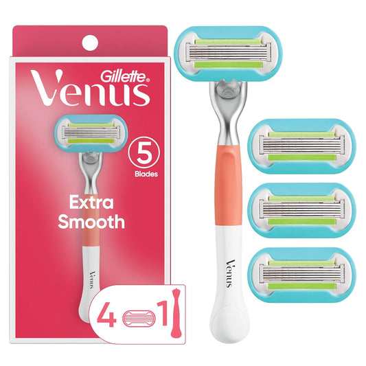 Extra Smooth Pink Women'S Razor, 5 Bladed Razor, Pivoting Head, Lubrastrip for Irritation-Free Shave, Handle + 4 Blade Refills