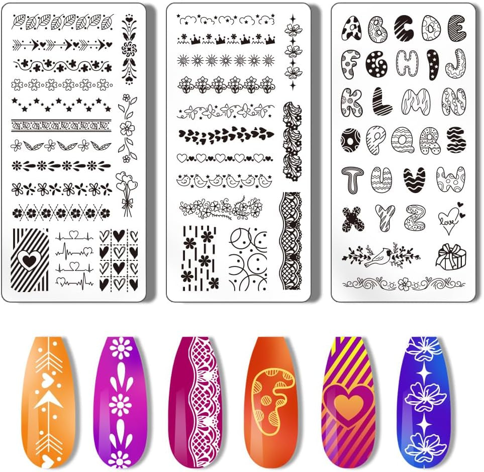 3Pcs French Nail Stamper Tartan Nail Stamping Plate French Tip Nail Art Stencils Plaid Wave Print Nail Stencils Stainless Steel Nail Image Plates for Nail Design Print Manicure Salon