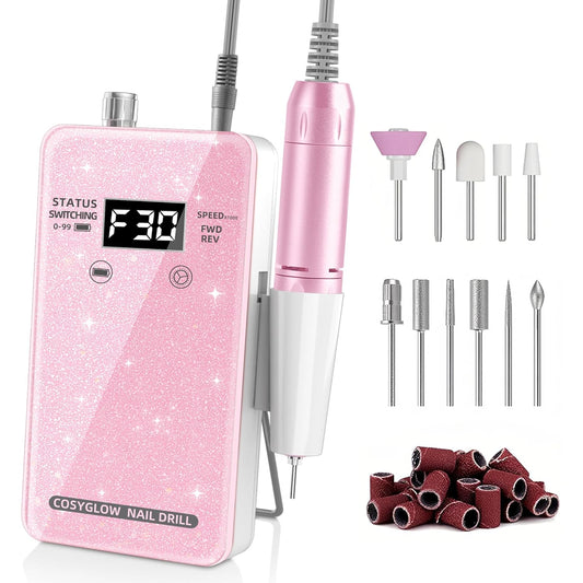 Professional Electric Nail Drill File: Glitter Portable Cordless E-File Nail Drill Kit with 11 Nail Drill Bits,30000 RPM Rechargeable Nail Drill Machine for Acrylic Nails Gel Polishing(Pink)