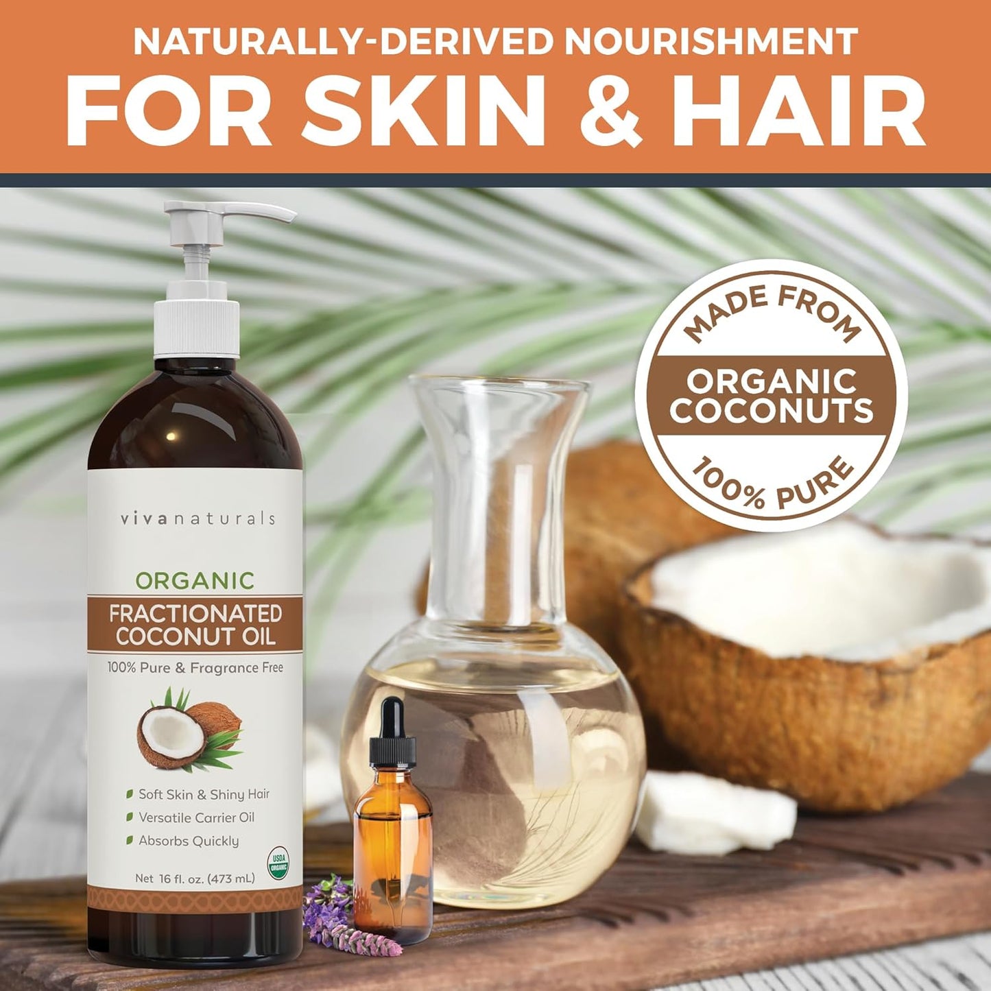 Organic Fractionated Coconut Oil - Skin & Hair Moisturizer, Relaxing Massage and Body Oil, Carrier Oil for Essential Oils Mixing, Pure Non-Greasy Coconut Oil for Skin and Hair, 16 Fl Oz