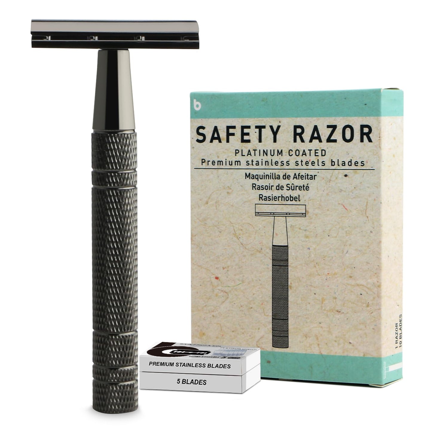 Matte Black Safety Razor for Men & Women, Single Blade Razor, Double Edge Safety Razor, 1 Blade Razor, Mens Safety Shaving Razors, Reusable Metal Razor, 10 Safety Razor Blades, Smooth and Close Shave