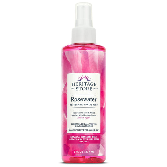 Rosewater - Refreshing Facial Mist for Glowing Skin with Damask Rose, All Skin Types - Rose Water Spray for Face, Made without Dyes or Alcohol, Hypoallergenic, Vegan, Cruelty Free, 8Oz