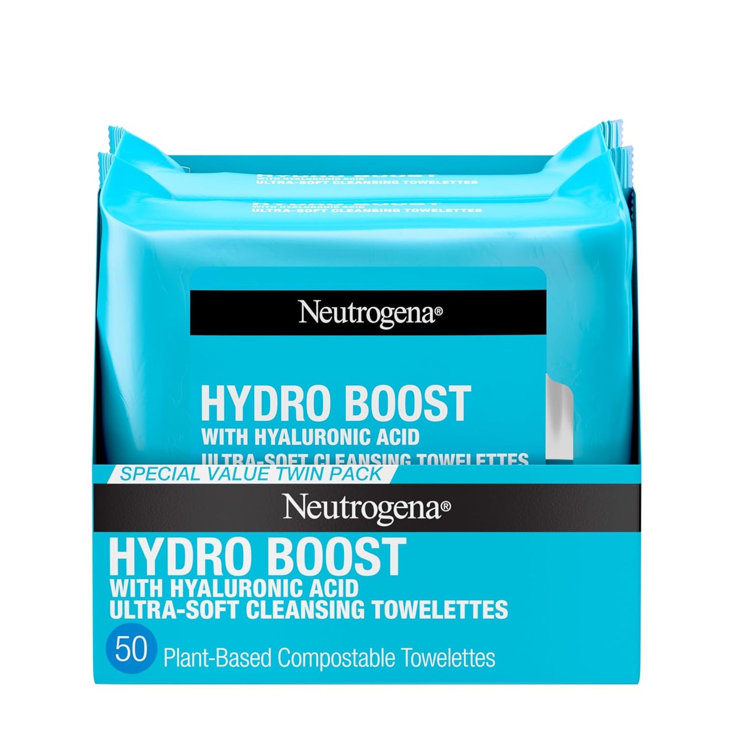 Hydro Boost Face Wipes + Hyaluronic Acid, Hydrating Makeup Remover Wipes Remove Dirt & Waterproof Makeup, Hypoallergenic, 100% Plant-Based Cloth, 2 X 25 Ct