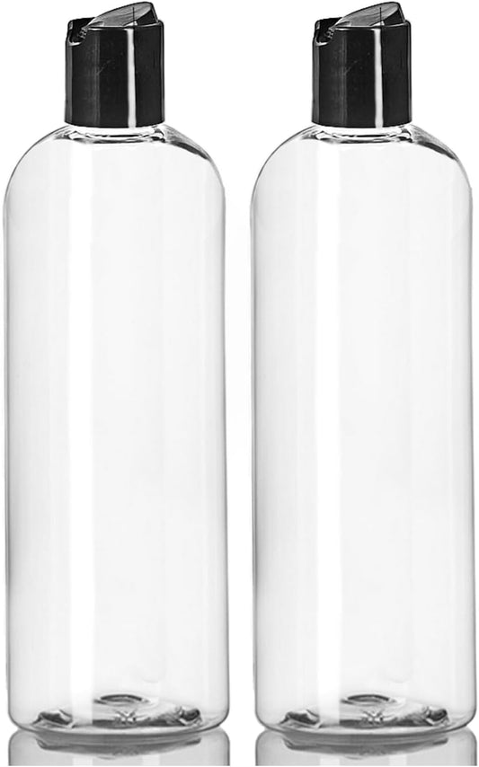 16 Oz Clear Plastic Empty Bottles with Black Disc Top Caps, Squeezable Refillable Containers for Shampoo, Lotions, Cream and More Pack of 2, BPA Free, Made in USA