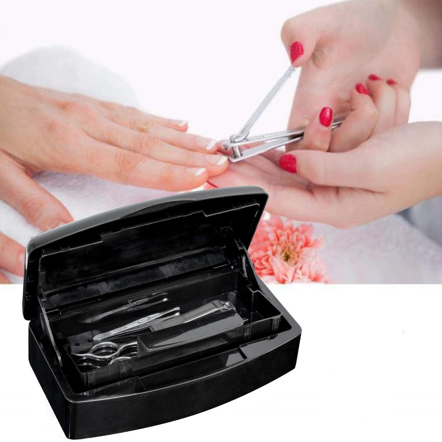 Nail Tool Sterilizer Box,Plastic Sterilizing Tray,The Disinfection Box for Nail Art Tools Is Applicable to Nail Art Tools, Tweezers, Hair Salons, Spas and Manicure Equipment-Black