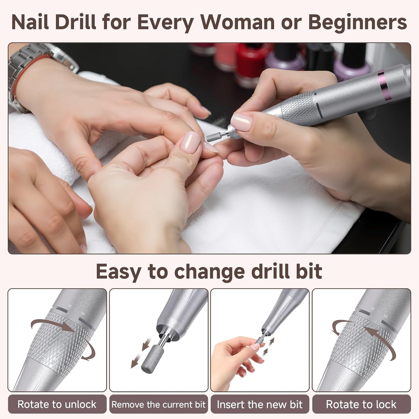 Nail Drill, Portable Electric Nail File 45000RPM Electric Nail Drill, Cordless Nail Drill Professional with Bits&Base, for Acrylic Gel Nails, Nail E-File Machine, Manicure Polishing, for Salon Home