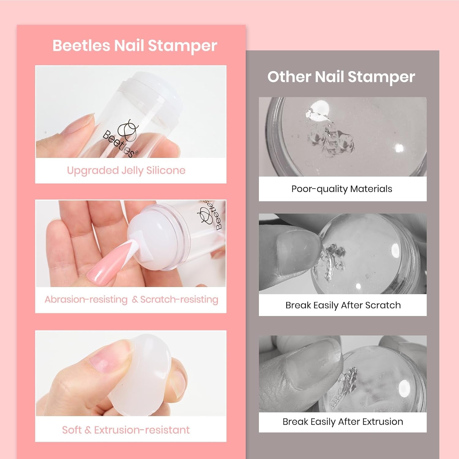 Beetles Nail Stamp 3Pcs Silicone French Tip Nail Stamp Kit with Replacement Nail Stamper Heads and Scrapers Soft Silicone Nail Printing Tool for Home DIY Nail Art Valentine'S Day Gift for Women