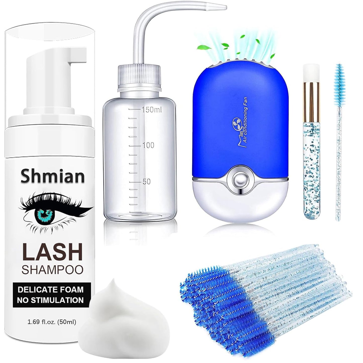 Lash Shampoo for Lash Extensions, Lash Fan with 50Ml Eyelash Foam Cleanser and 50 Pcs Eyelash Brush and Rinse Bottle Oil Free/Sulfate Free Eyelash Wash Remover for Eyelash Extension Wash, Black