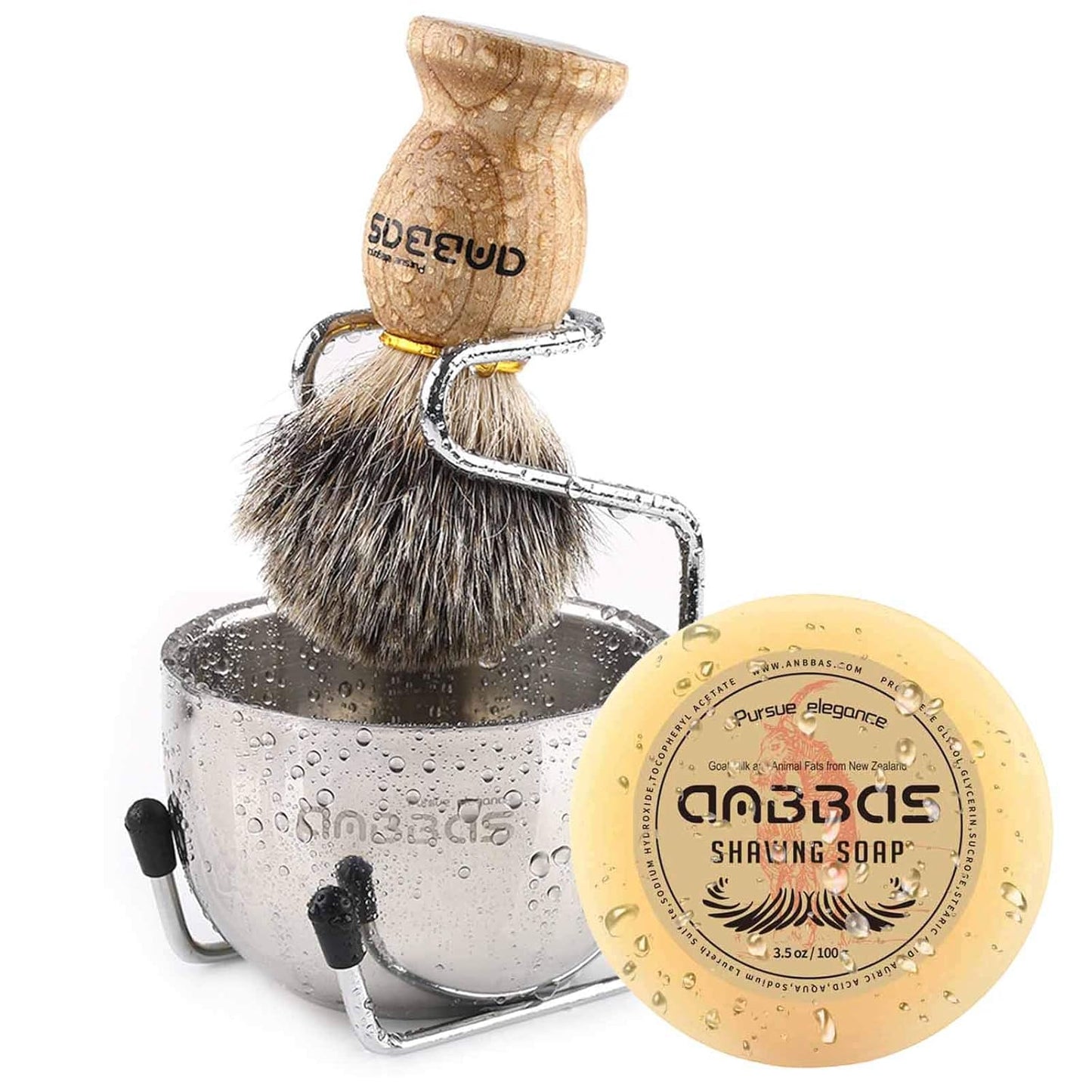 Pure Badger Hair Shaving Brush Solid Wood Handle with Goat Milk Shaving Soap 100G,Stainless Steel Shaving Stand and 2 Layers Shaving Bowl Kit Perfect for Men Gift