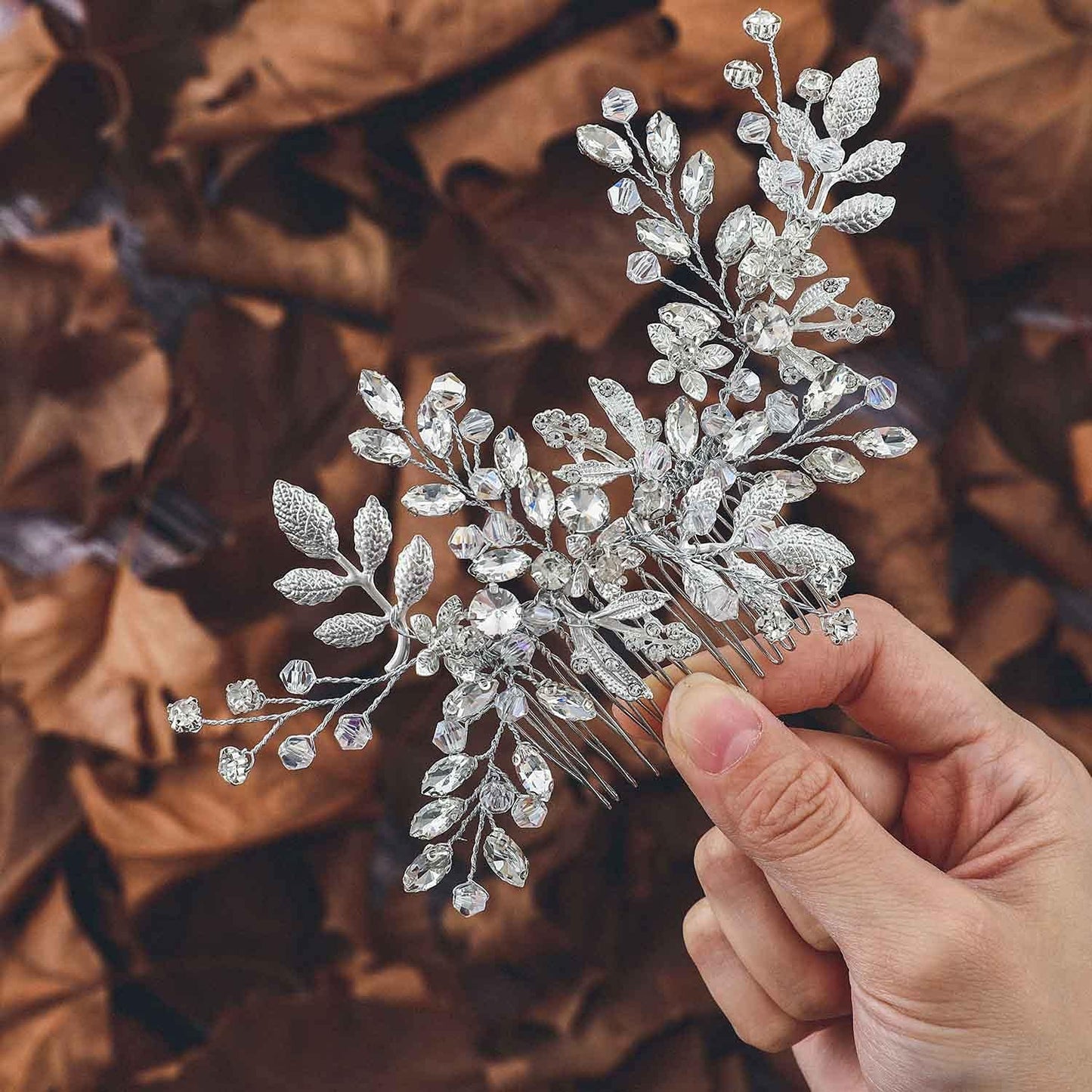 Rhinestone Wedding Hair Comb Leaf Bead Headpieces Clip Crystal Bridal Headdress Flower Accessories for Brides and Bridesmaids (Silver)