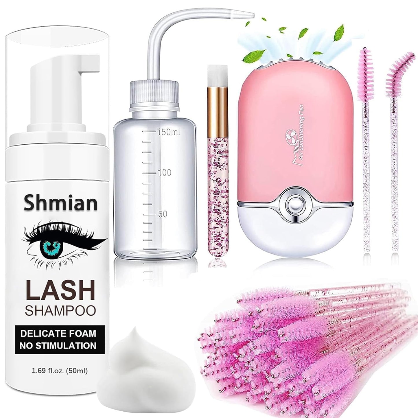 Lash Shampoo for Lash Extensions, Lash Fan with 50Ml Eyelash Foam Cleanser and 50 Pcs Eyelash Brush and Rinse Bottle Oil Free/Sulfate Free Eyelash Wash Remover for Eyelash Extension Wash, Black