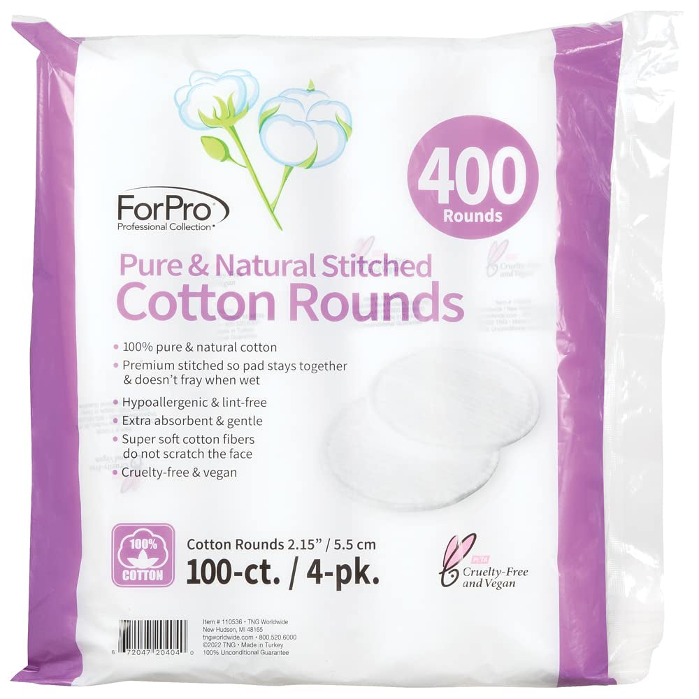 Forpro Pure & Natural Stitched Cotton Rounds for Face (400-Count), 100% Pure Cotton Makeup Remover Pads, Hypoallergenic, Lint-Free, Vegan & Cruelty-Free, Pack of 4-100 Cotton Pads