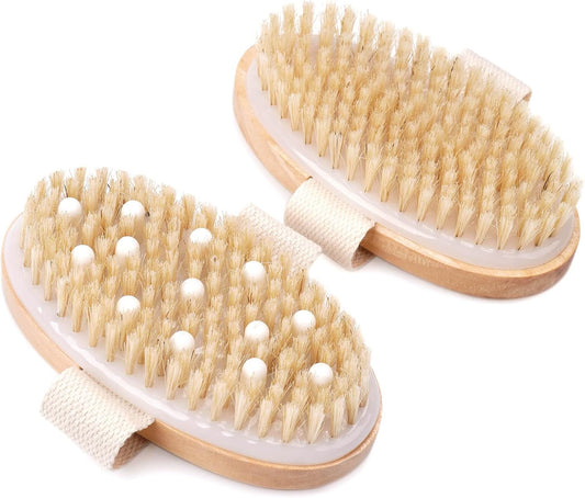 2 Pack Dry Brushing Body Brush, Natural Bristle Dry Brush, Exfoliating Body Brush for Lymphatic Drainage, Cellulite Brush for Full Body, Improving Skin Health and Reduces Acne