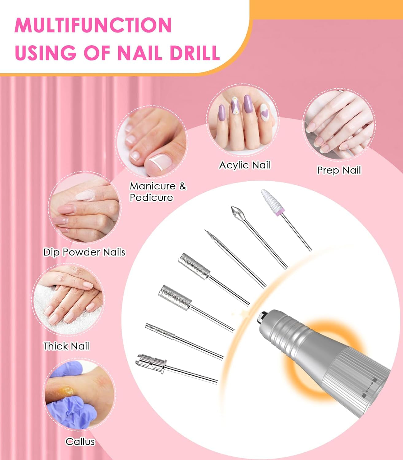 Portable Nail Drill Electric File: 40000RPM Professional Rechargeable Nail E-File Machine, Cordless Nail Drill with Bits & Base for Acrylic Nails Remove Nail Gel Polish Manicure for Salon Home, White