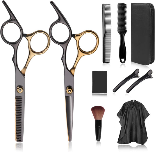 Hair Cutting Scissors Kit, Hair Scissors Professional Haircut Scissors with Stainless Steel Hair Shears, Thinning Shears, Haircut Accessories in Leather Case for Salon/Home- 10PCS Gold Black