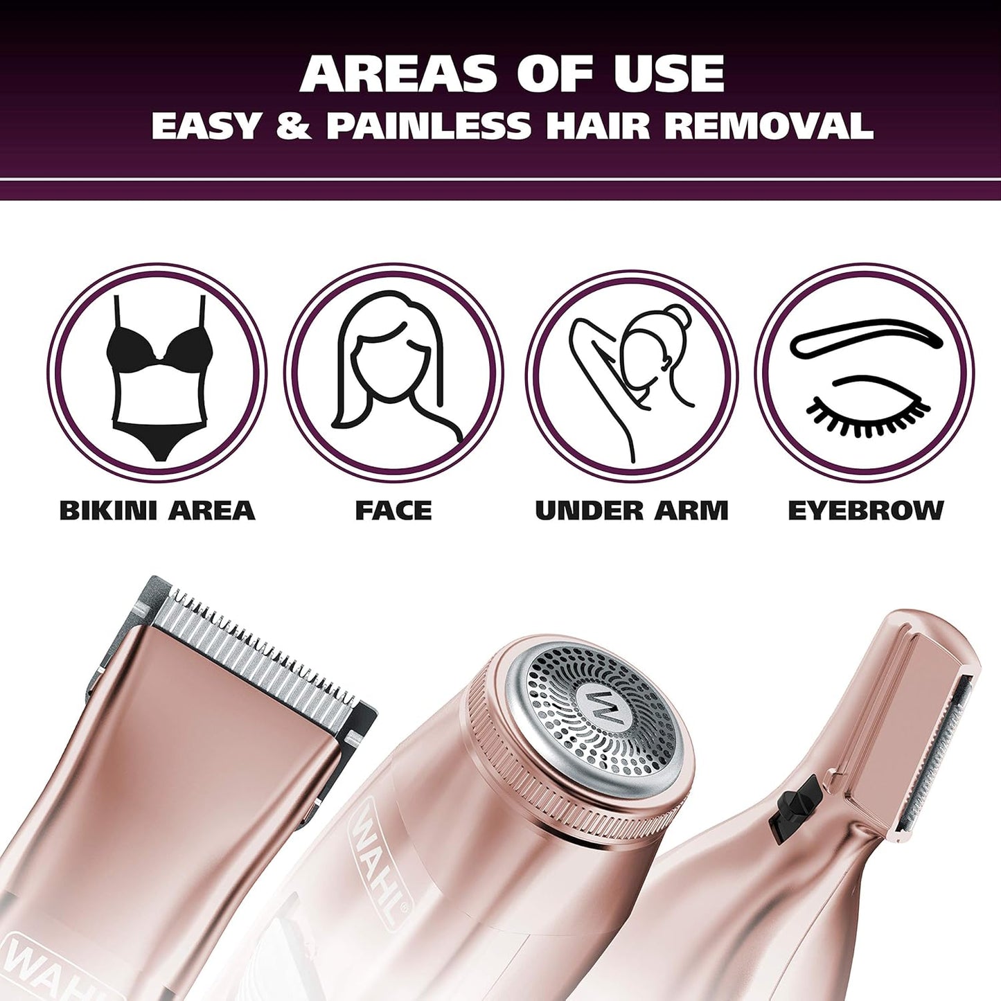 Pure Confidence Rechargeable Electric Razor, Trimmer, Shaver, & Groomer for Women with 3 Interchangeable Heads - Model 9865-2901V