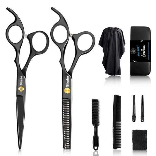 10 PCS Hair Cutting Scissors Set, Professional Haircut Scissors Kit with Cutting Scissors, Thinning Scissors, Comb, Cape, Clips, Black Hairdressing Shears Set for Barber, Salon, Home