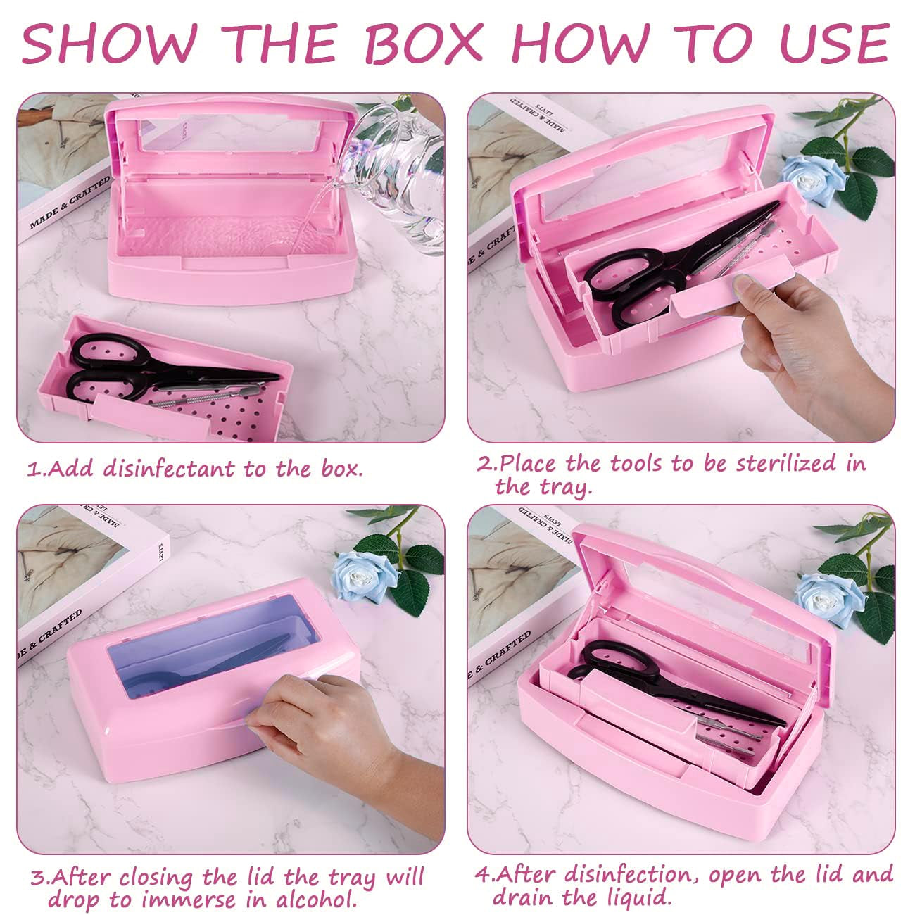 Nail Tool Sterilizer Box Barbicide Disinfectant Jar Plastic Disinfectant Container Suitable for Nail Tools Hair Salons Beauty Centers and Manicure and Nail Equipment(Pink)