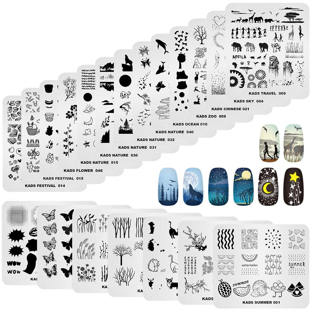 20Pcs Nail Stamp Plates Set Nails Art Stamping Plates Leaves Flowers Animal Nail Plate Template Image Plate (20 Pcs)