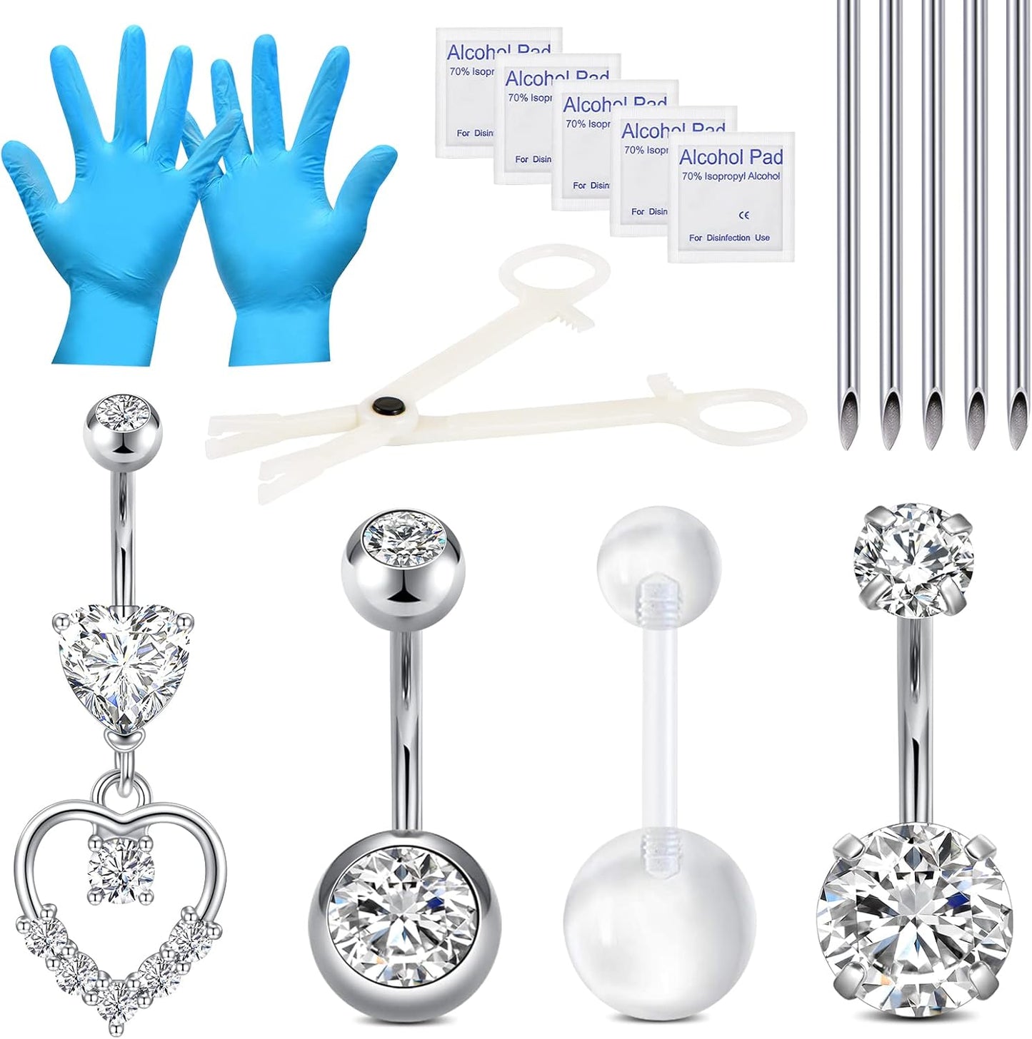 Belly Button Ring Piercing Kit,Belly Button Piercing Kit Stainless Steel 14G Belly Button Rings Piercing Needles Disposable Piercing Clamps Set Navel Belly