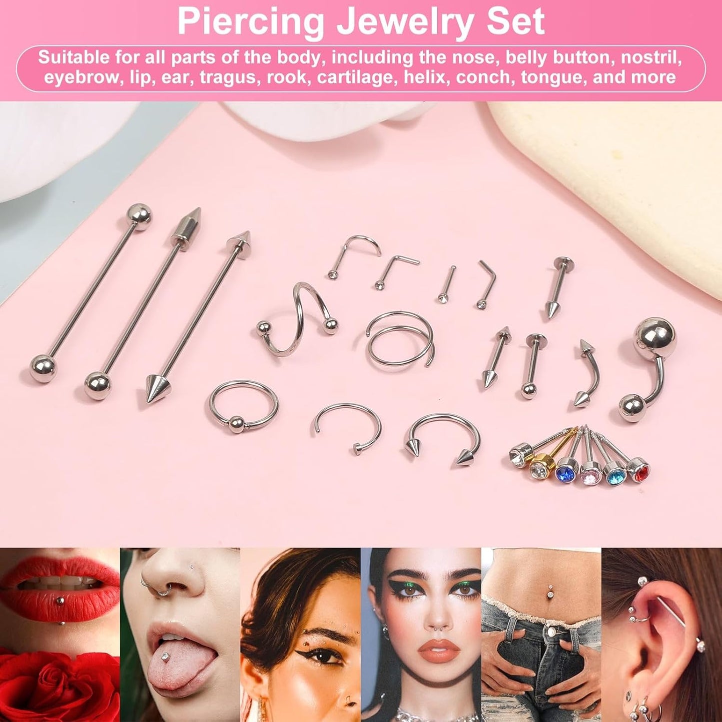 135PCS Body Septum Piercing Kit with 14G/16G/18G/20G Piercing Needles Piercing Jewelry and Tools for Ear Nose Belly Button Nipple Lip Cartilage Eyebrow Tongue Navel Piercing Kit for All Piercings