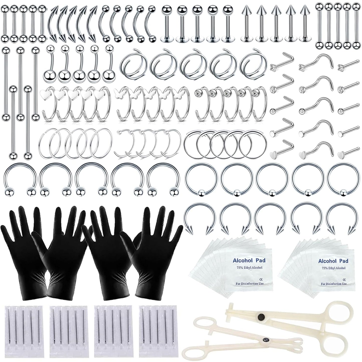 94PCS Mixed-Pack Piercing Kits for All Body Piercings Stainless Steel 14G 16G 20G Jewelry and Needle with Tools Nose Septum Lip Ear Belly Button Cartilage Tragus