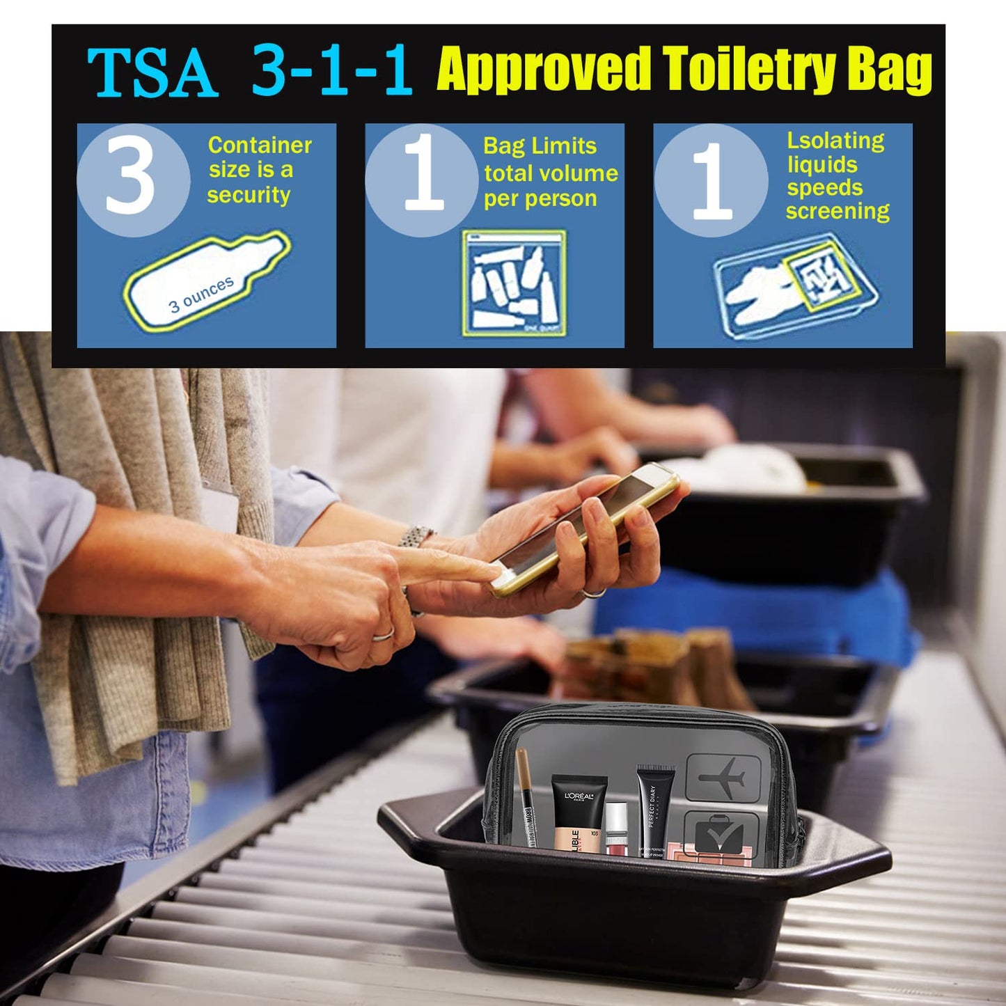 TSA Approved Toiletry Bag, 3 Pcs Clear Toiletries Bags Quart Size Travel Makeup Cosmetic Bag for Women Men, Carry on Airport Airline Compliant Bag (Black)