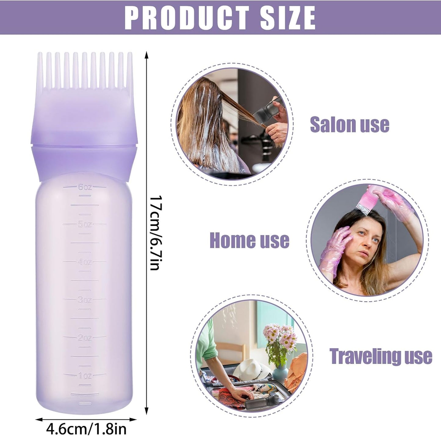 Root Comb Applicator Bottle 6 Ounce, Oil Applicator for Hair Dye, Hair Oiling Bottle Brush with Graduated Scale, Purple