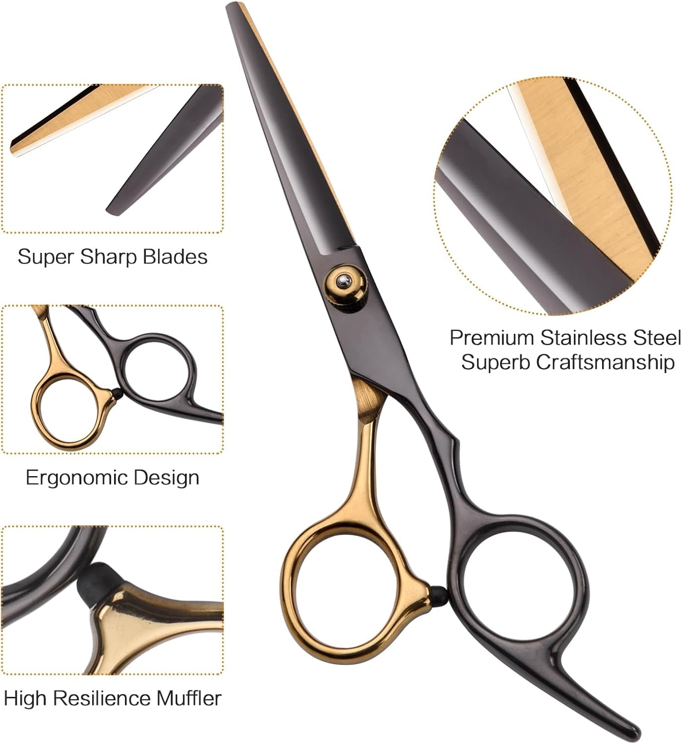 Hair Cutting Scissors Kit, Hair Scissors Professional Haircut Scissors with Stainless Steel Hair Shears, Thinning Shears, Haircut Accessories in Leather Case for Salon/Home- 10PCS Gold Black