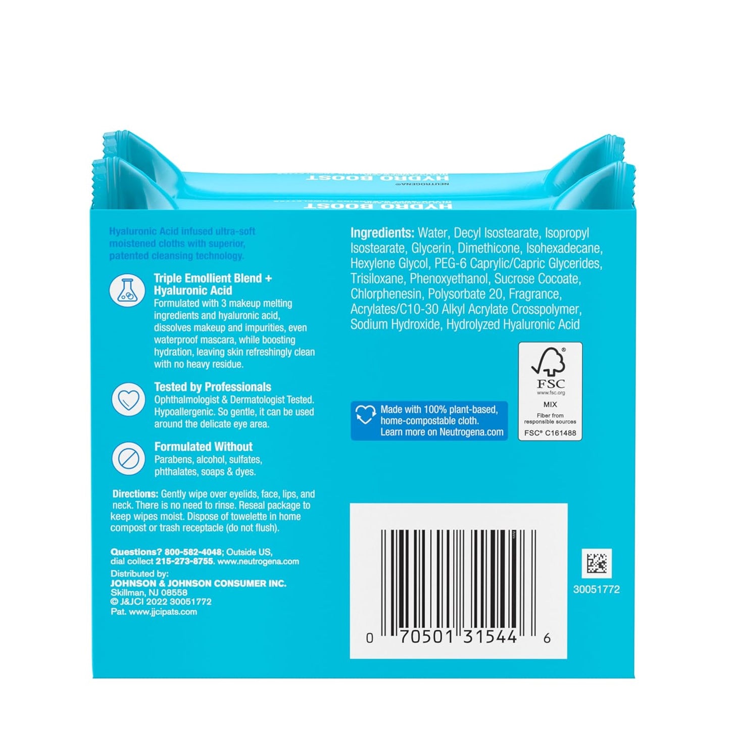 Hydro Boost Face Wipes + Hyaluronic Acid, Hydrating Makeup Remover Wipes Remove Dirt & Waterproof Makeup, Hypoallergenic, 100% Plant-Based Cloth, 2 X 25 Ct