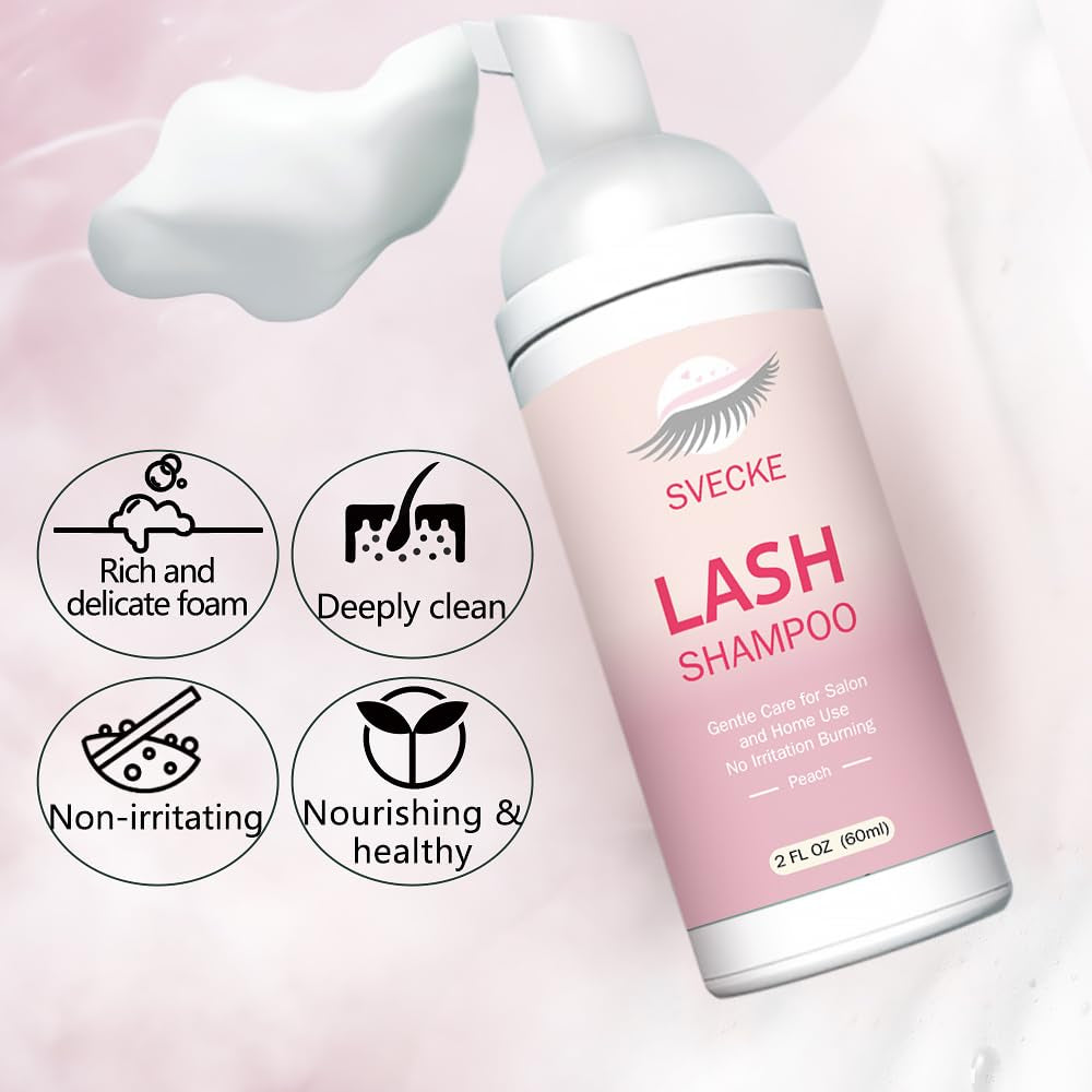 Lash Shampoo Kit for Eyelash Extension, Eyelash Shampoo 2 Fl.Oz / 60Ml, Eyelash Extension Cleanser, Lash Eyelid Foam Cleaning Kit for Salon Use and Home Use (Peach)