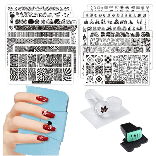 21Pcs Nail Stamp Plate Set 16Pcs Mix Design Stamping Nail Art Plate + 2Nail Stamper + 2Scraper+1Pcs Case Nails Art Stamping Plate Scraper Stamper Set Leaves Flowers Nail Plate V17-32