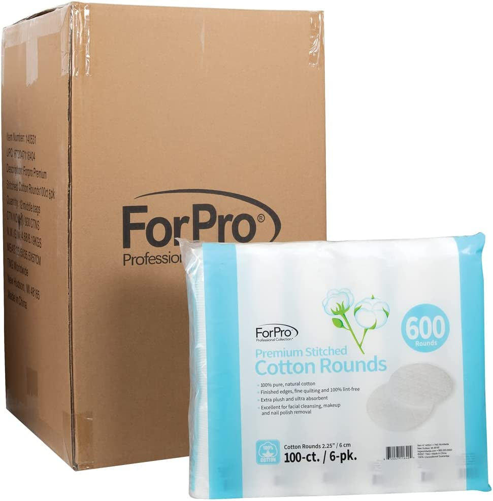 Forpro Premium Stitched Cotton Rounds, 100% Pure Cotton Pads for Removing Makeup, Nail Polish, and Cleansing Face, Pack of 6, Counts 600