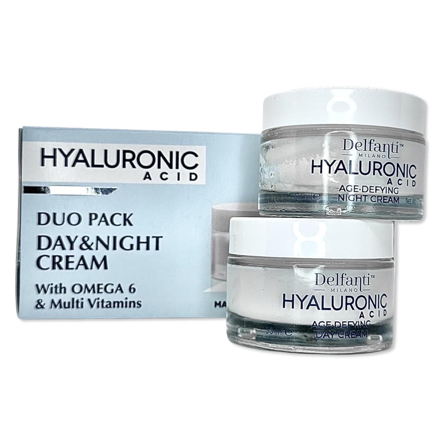 Delfanti Milano • HYALURONIC • Age Defying DUO Pack • Day + Night Creams • Face, Neck Décolleté Moisturizing Cream for Firming, Tightening and Wrinkles • Made in Italy